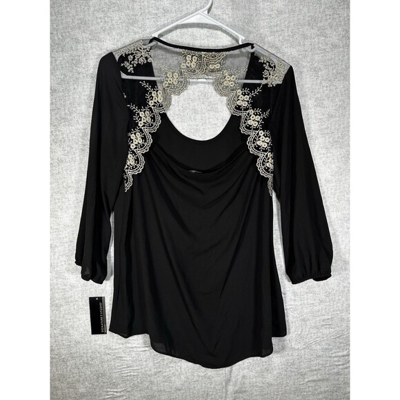 NWT Signature Studio Womens Black Sheer Shell Gold Lace Open Back Size Medium - Picture 1 of 6